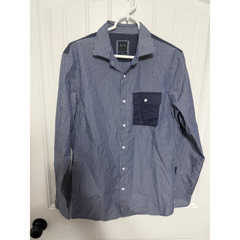 Armani Exchange Button Down Mens Medium Regular Fit Striped Contrast Pocket Blue